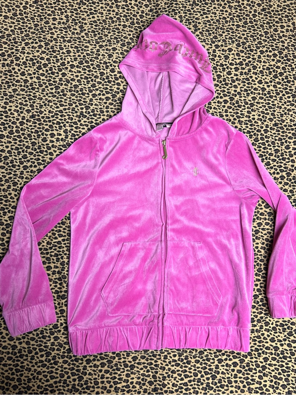 Juicy Couture Hot Pink Velour Zip-Up Hoodie with Rhinestone Hood